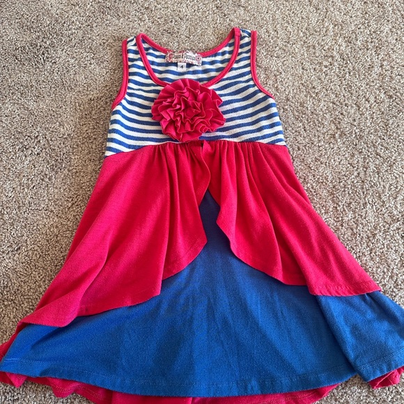 Girls' Striped Red and Blue Dress with Floral Accent - Picture 1 of 1